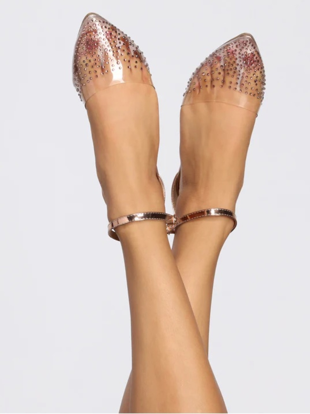 Clear Pointed Toe Ankle-Strap Flats with Rose Gold Accents Fashion Nova